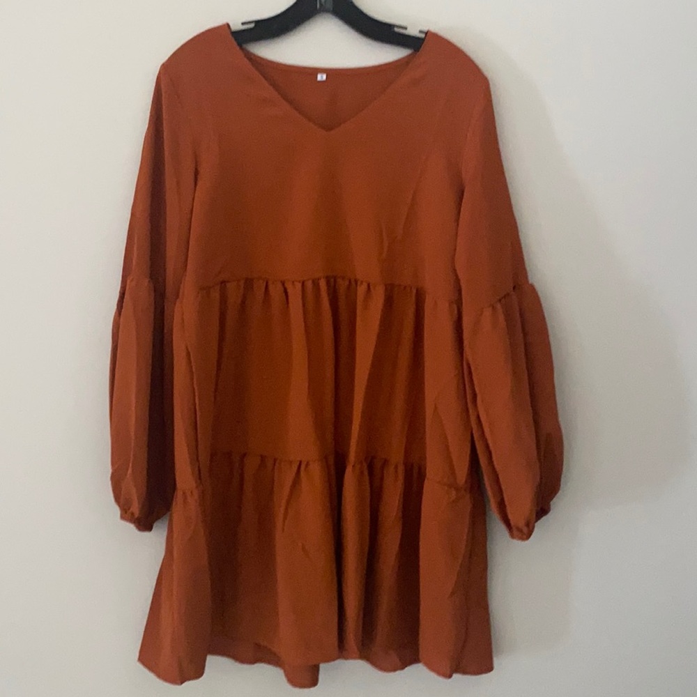 Burnt orange dress with balloon sleeves.